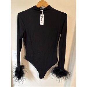 Naked Wardrobe Fine Feathers Long Sleeve Bodysuit Black Size Large